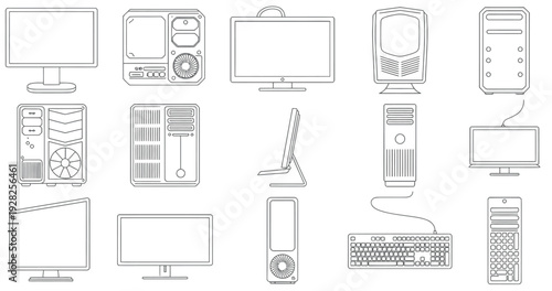 Detailed line drawings of computer towers, monitors, and keyboards, illustrating various desktop computer hardware components and their internal and external structures.