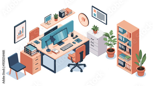 Highly organized modern workstation featuring dual monitors, a laptop, keyboard, office chair, filing cabinet, and tall bookshelves.