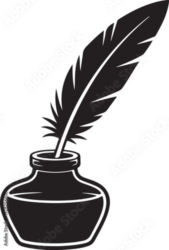 Feather quill pen with inkpot flat icon for apps and websites