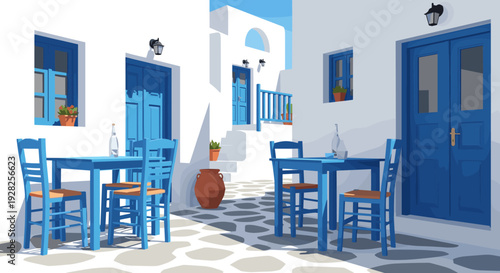 mediterranean street scene with blue wooden chairs and tables white buildings hand drawn illustration