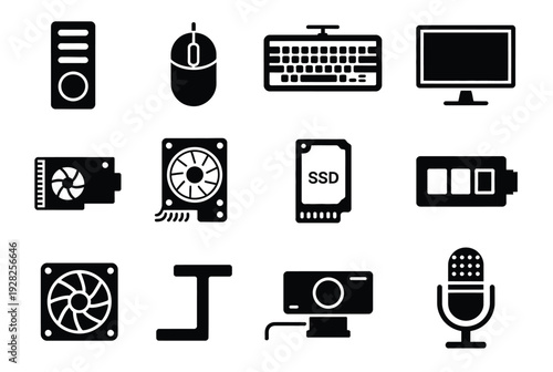 Set of black and white vector icons representing computer hardware and peripherals, including PC case, mouse, keyboard, monitor, graphics card, and microphone.