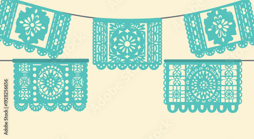 blue papel picado decorative paper banner set hand drawn mexican celebration festival illustration