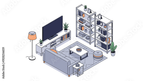 Modern living room setup featuring a large flat screen TV on a console, a sectional sofa, coffee table, and tall shelving units.