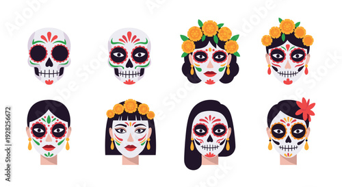 set of hand drawn mexican sugar skull faces and calavera makeup designs for day of the dead celebration