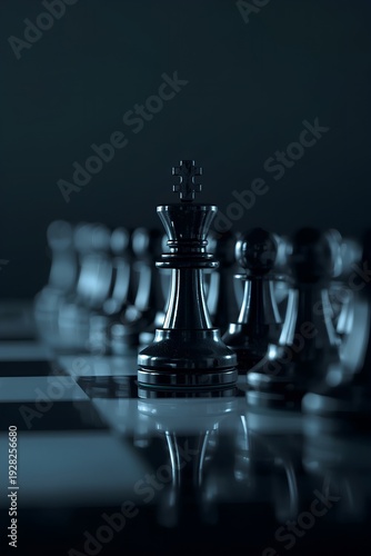 The dark king among the pawns on a chessboard
