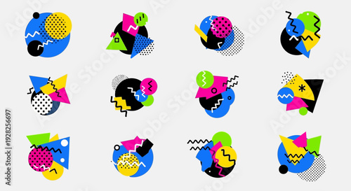Abstract geometric memphis style design elements set