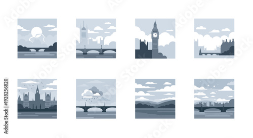 set of eight monochrome cityscape and river scenes with landmarks bridges and weather elements in flat design