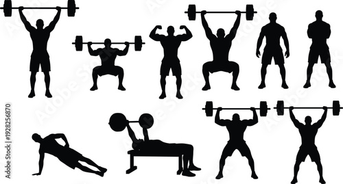 Weightlifting workout silhouettes set, bodybuilding athlete lifting barbell and bench press exercises, gym fitness training poses, strength training vector illustration collection