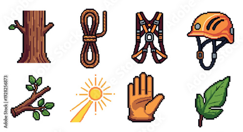 pixel art tree climbing equipment set with helmet glove rope and leaves in retro style