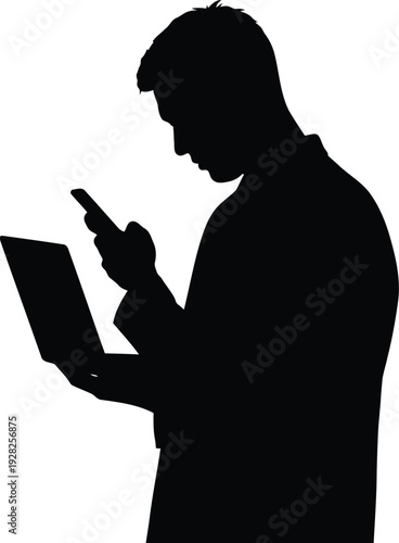 Silhouette of businessman multitasking with smartphone and laptop isolated on white background