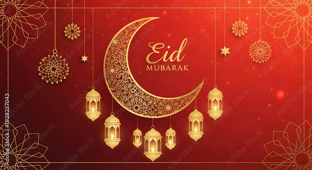 Naklejka premium Eid al fatar celebration with golden crescent and lanterns on red background