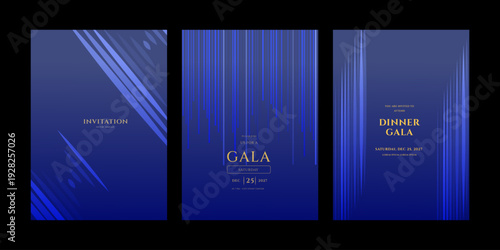 Set of three elegant invitation templates for a gala, dinner, or formal event. Modern design with abstract blue lines, gold text, and a dark background. Vector format.