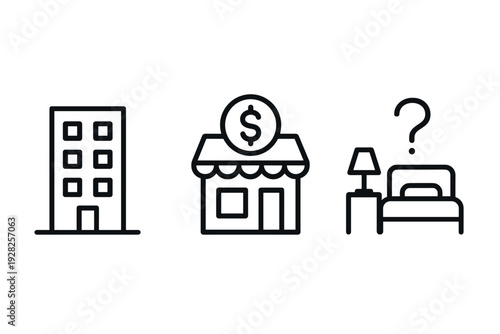 set of hand drawn black outline building store and bedroom icons for real estate and accommodation concepts