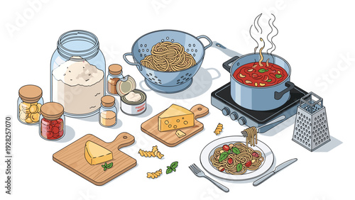 Detailed collection of ingredients for cooking spaghetti including pasta, tomato sauce, cheese, herbs, flour, and kitchen tools.