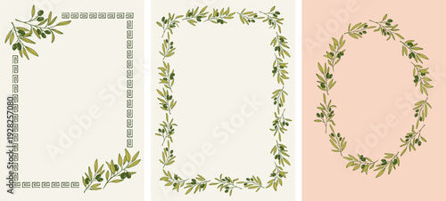 Olive tree frames with green leaves. Olive oil hand drawn vintage vector illustrations series