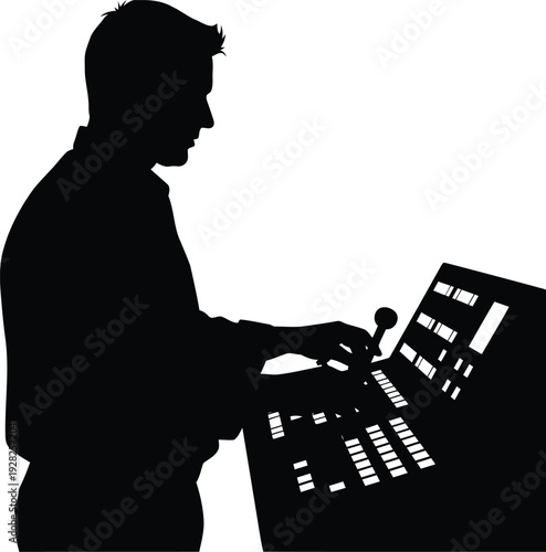 Silhouette of Technician Operating Control Panel in Industrial Environment Vector Illustration