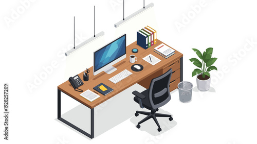 Top-down overview of a modern workspace featuring a large desk with a computer, phone, books, and an office chair.