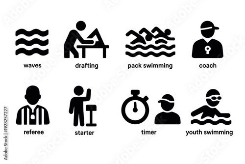 set of hand drawn swimming sport icons including waves drafting pack swimming coach referee starter timer and youth swimming