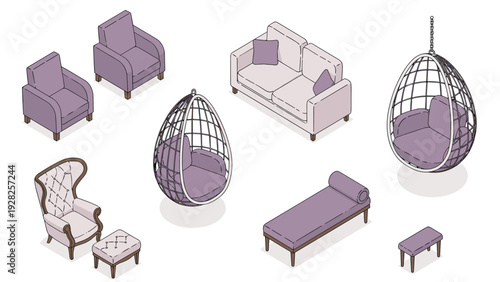 Diverse collection of stylish modern armchairs, sofas, and hanging swing chairs in various purple and white tones.