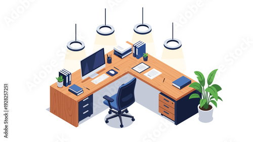 Modern L-shaped office desk workstation with multiple lights, a computer, rolling chair, storage drawers, and a large plant.