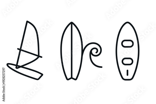 set of hand drawn windsurfing surfboard and kayak outline icons