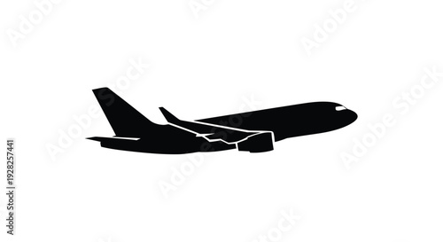 A sleek commercial airplane in flight depicted as a silhouette