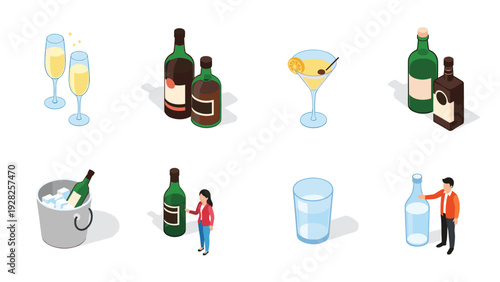 Set of isometric drink illustrations including champagne, cocktails, wine bottles, and people interacting with oversized beverage containers.