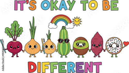 Colorful cartoon vegetables and fruit celebrating individuality