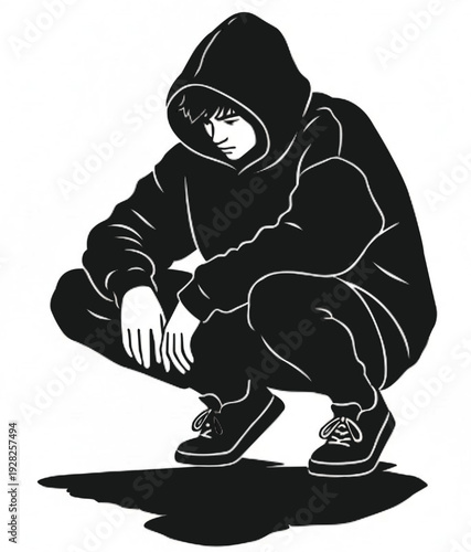Solid black silhouette of a young person crouching thoughtfully, oversized hoodie and casual sneakers