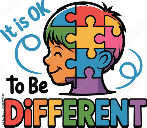 Colorful illustration of a child's head with puzzle pieces and It is ok to be different text