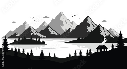 Dramatic mountain landscape with a lakeside cabin black silhouette