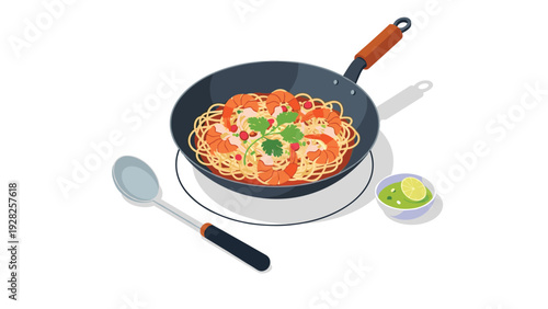 Delicious isometric shrimp pasta in a black frying pan with herbs, served with a spoon and a small bowl of green sauce and lime.