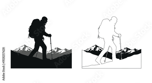Hiker with backpack ascends a mountain a striking black silhouette