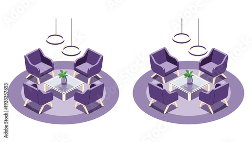 Minimalist isometric seating area featuring four purple armchairs arranged around a square coffee table with a plant and hanging ring lights.