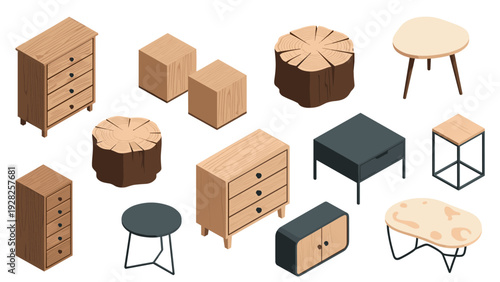 Diverse set of isometric wooden furniture including dressers, side tables, tree stump stools, and minimalist tables with metal legs.
