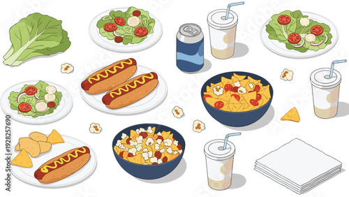 Large isometric assortment of snack foods featuring hot dogs with mustard, nachos with dip, salads, popcorn, and soda cups with straws.