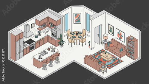 Detailed isometric cutaway of an apartment featuring a modern kitchen with island, dining area, living room, and entryway in a soft color palette.