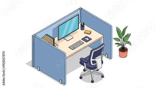 Clean isometric office workstation featuring a large monitor, keyboard, ergonomic chair, storage files, and a blue privacy screen.