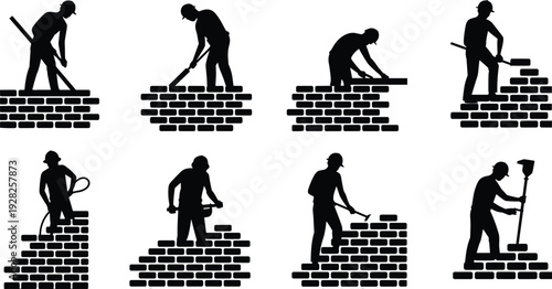 Bricklaying worker silhouettes, construction icons, masonry tasks, building wall stages, labor force vector, black tool illustration, site work design