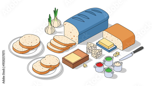 Isometric breakfast spread with loaves of bread, sliced rounds, wedges of cheese, butter, garlic, and small bowls of colorful jams or dips.