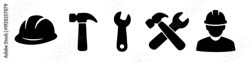 Set of black construction and industrial service icons including a hard hat, hammer, wrench, and worker silhouette. Minimalist vector illustrations.