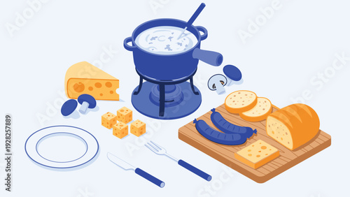 Cozy isometric cheese fondue set featuring a blue pot on a warmer, bread slices, sausages, mushrooms, and cheese cubes on a wooden board.