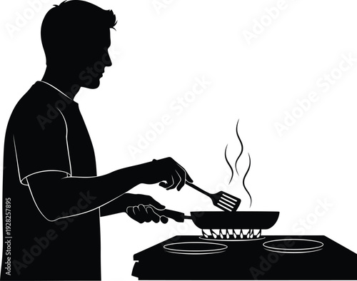 Silhouette of Man Cooking on Stove with Frying Pan and Spatula in Kitchen Vector Illustration