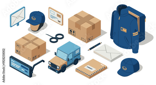 isometric delivery service elements set with packages uniform vehicle and mailing envelopes