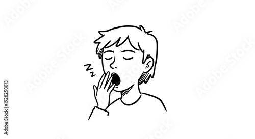 hand drawn illustration of boy yawning with closed eyes and hand covering mouth simple outline