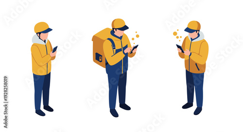 set of three delivery couriers in yellow jackets and caps using smartphones isometric style