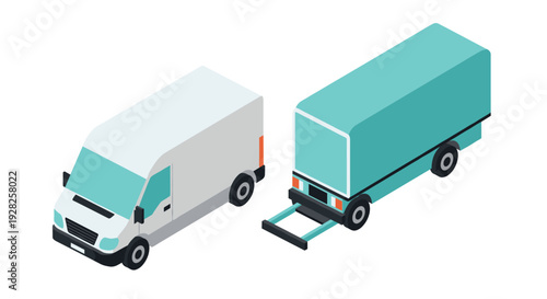 isometric delivery van and trailer in flat style for transportation and logistics concept
