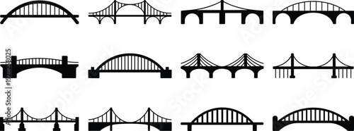 Bridge silhouette icons, arch bridge, suspension bridge, cable stayed bridge, beam bridge, civil engineering, architecture, construction design, infrastructure, structure