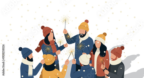 group of people celebrating with sparklers in winter clothes hand drawn festive illustration