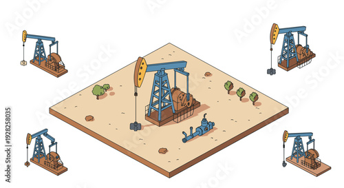 isometric oil pump jack set with hand drawn style and desert environment illustration
